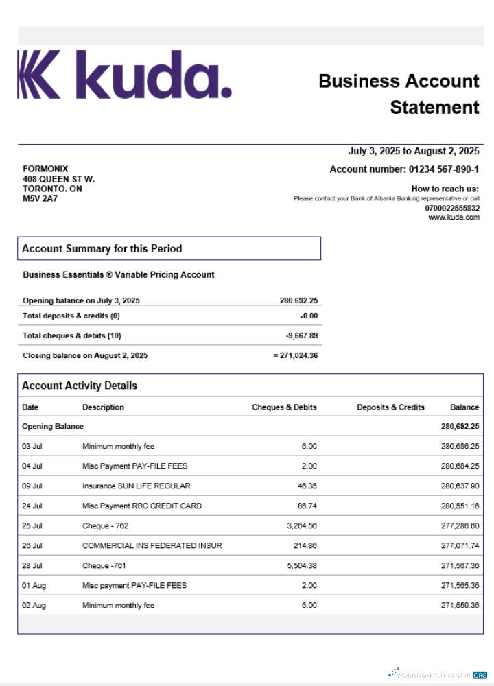 Download United Kingdom Kuda enterprise account statement Word and PDF template Photoshop template